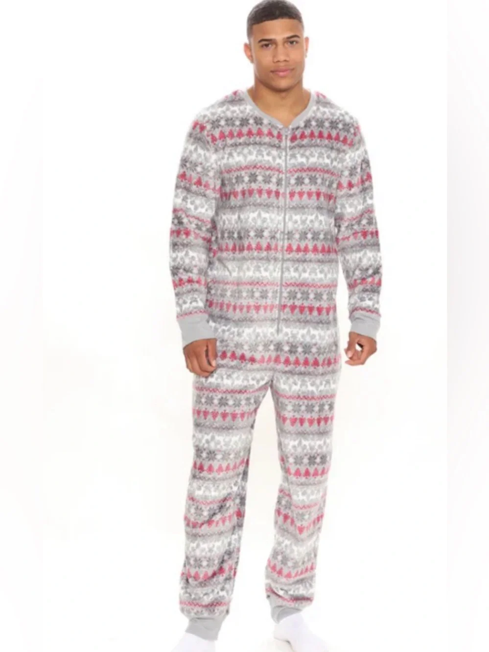 Grey and Pink Fair Isle Zip-Front Pajama Onesie